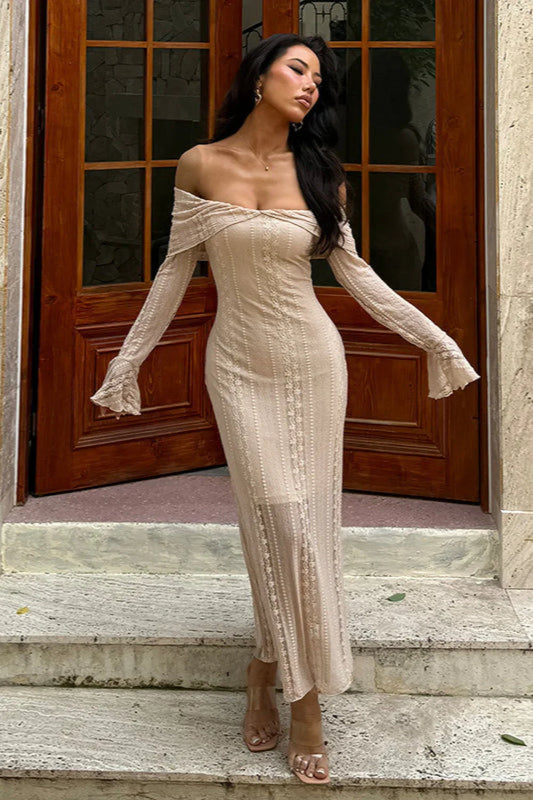 Jacquard Waist Cinched Off Shoulder Bodycon Maxi Dress