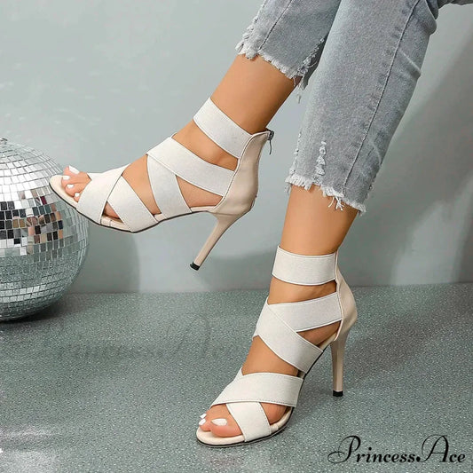 Khaki Beige Thin High Heels Sandals Women Summer Sexy Elastic Band Crossing Wedding High Heel