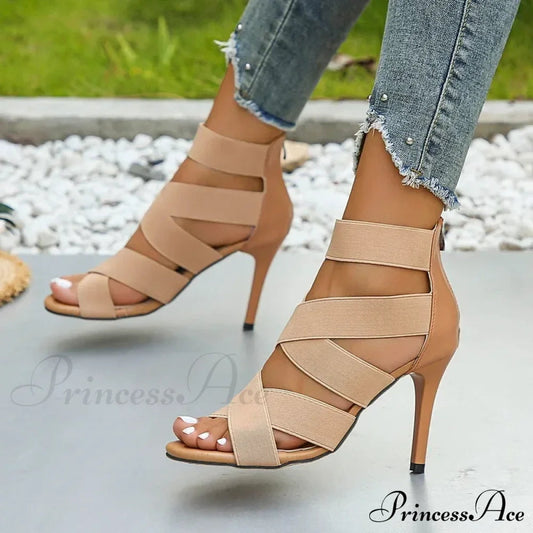 Khaki Super High Heel Sandals Sexy Open Toes Elastic Broadband Zipper Gladiator Party Wedding High Heel