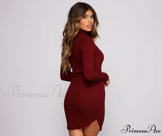 Knit Girl Stylish Turtleneck Mini Dress Sweaters-L