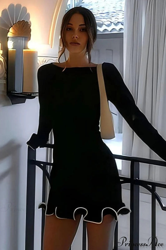 Knitted Ruffled Tight Long Sleeve Mini Dress