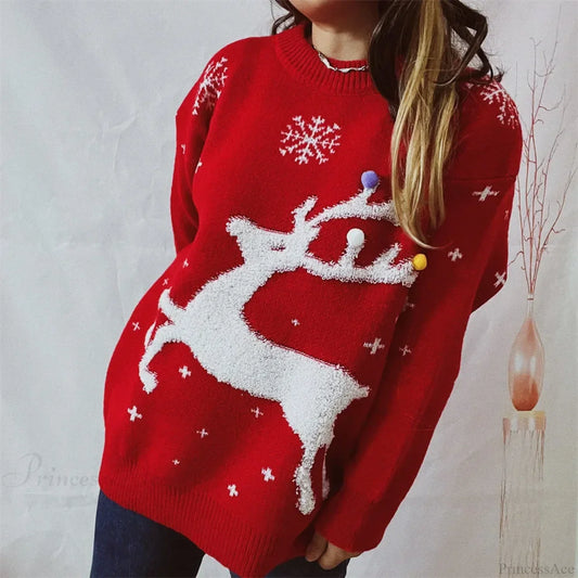 Korean Style Casual Loose Christmas Pullover Red Sweater Sweaters-L