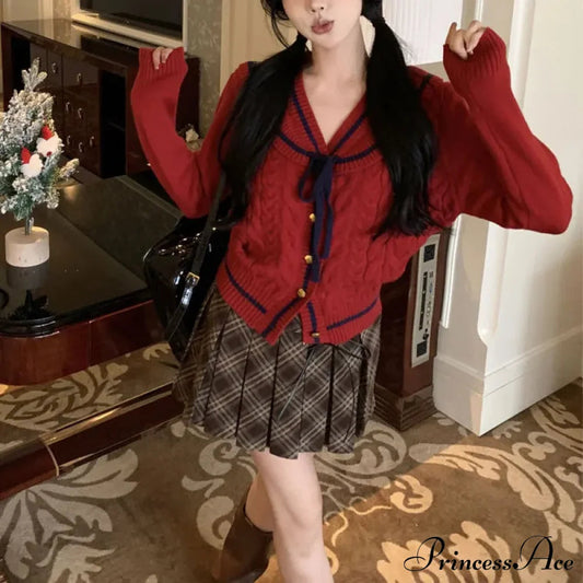 Korean Stylish Drawstring Bow Vintage Red Cardigan Christmas Sweater