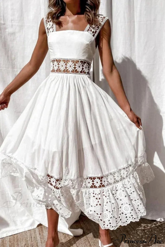 Lace Cotton Sleeveless White Hollow Out Maxi Boho Sundress
