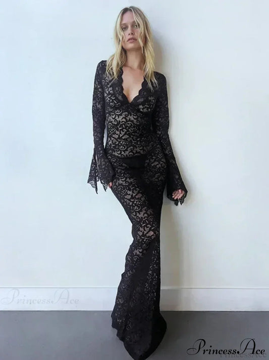 Lace Deep V Neck Flared Sleeve Vacation Dress