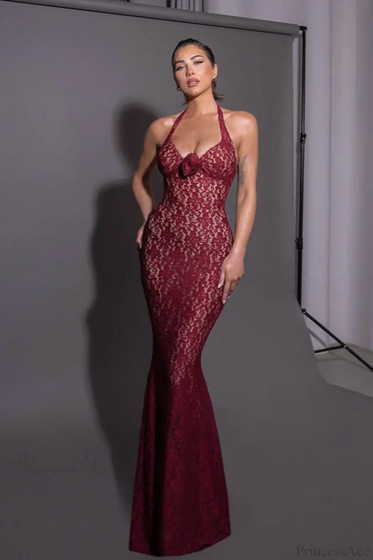 Lace Fitted Halter Bodycon Maxi Dress