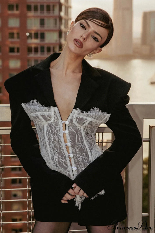 Lace Panel Sexy Fitted Shoulder Blazer