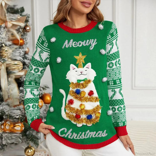Ladies Cartoon Casual Loose Pullover Christmas Sweater Green / S Sweaters-L