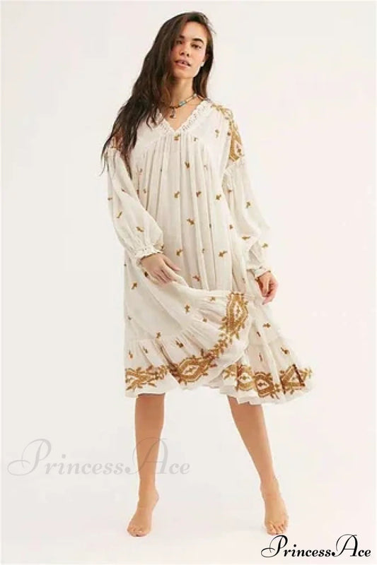 Lantern Long Sleeve Cotton Rayon Embroidery Dress