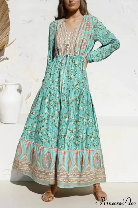 Lantern Sleeve Loose V-neck Green Floral Print Summer Maxi Boho Dress
