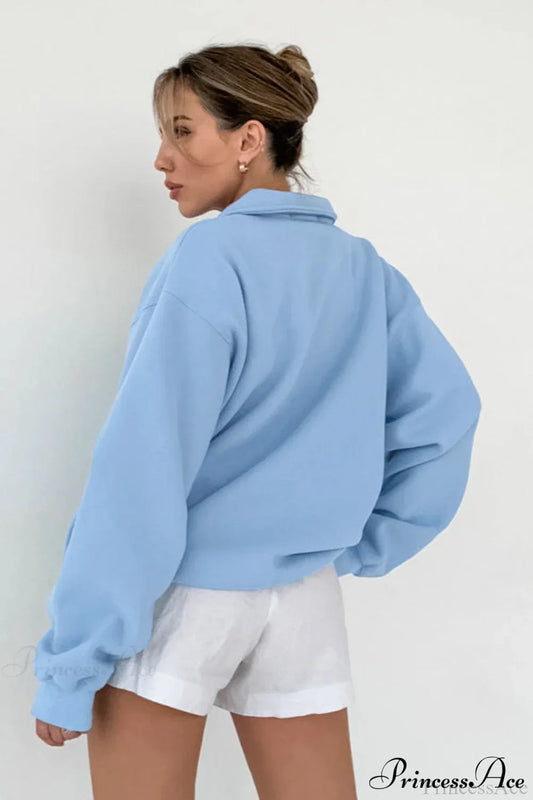 Lantern Sleeve Polo Collar Loose Sweatshirt