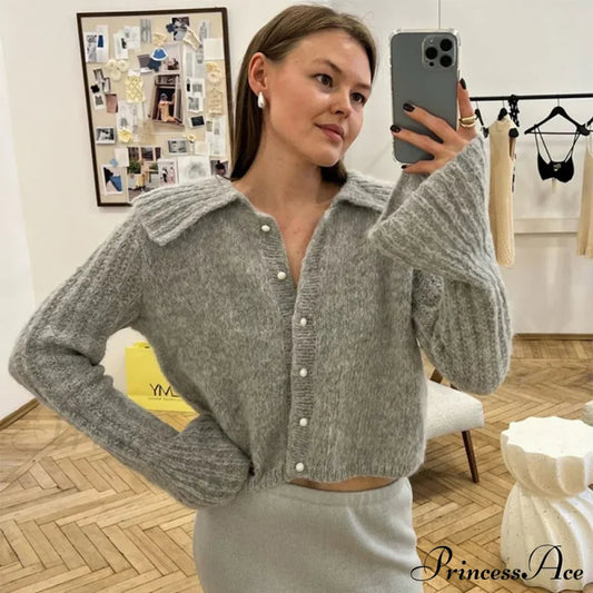 Lapel Pearl Single-breasted Cardigan