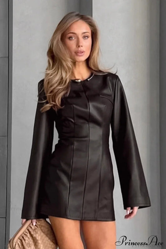 Leather Crew Neck Long Sleeve Bodycon Mini Dress
