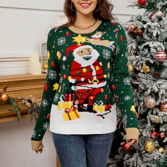 Led Light Autumn Winter Santa Jacquard Round Neck Retro Casual Christmas Sweater Green / S