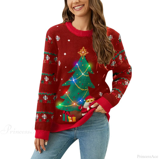 Led Light Vintage Elegant Christmas Round Neck Sweater Sweaters-L