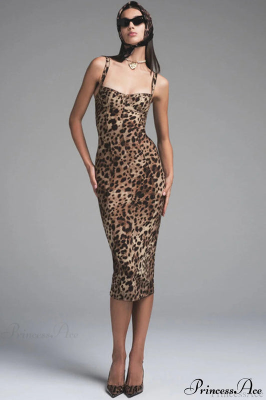Leopard Print Bodycon Spaghetti Midi Dress