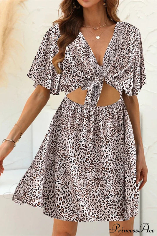 Leopard Print Deep Bow Neck Boho Dress
