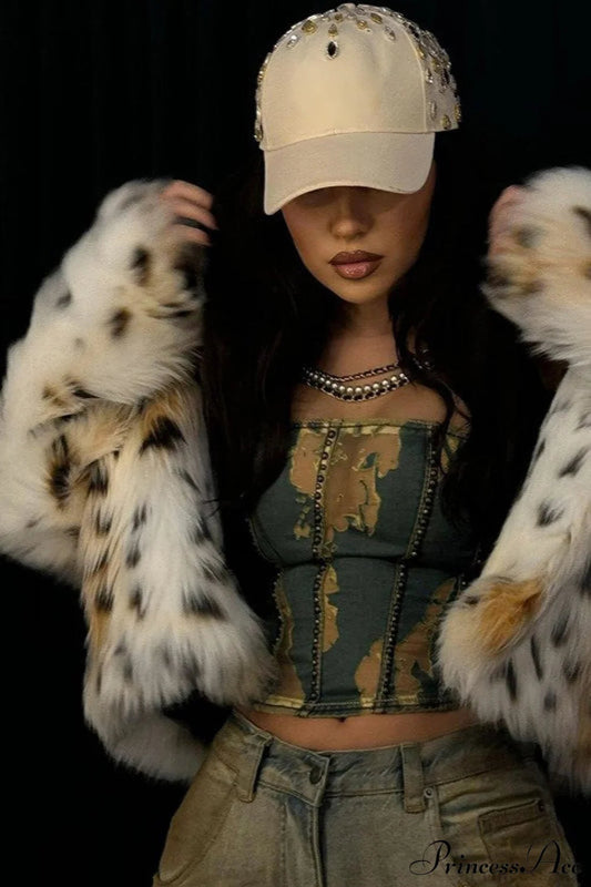 Leopard Print Faux Fur Long-Sleeve Warm Coat