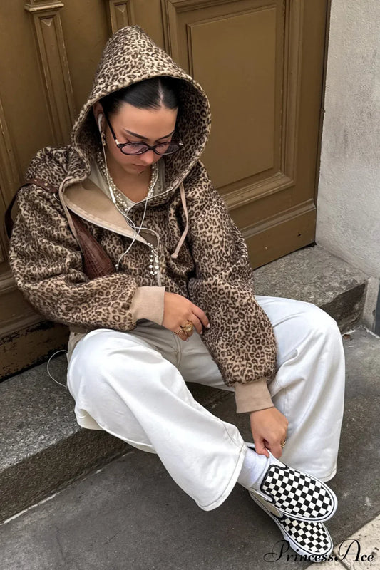 Leopard Print Fuzzy Zip Hoodie