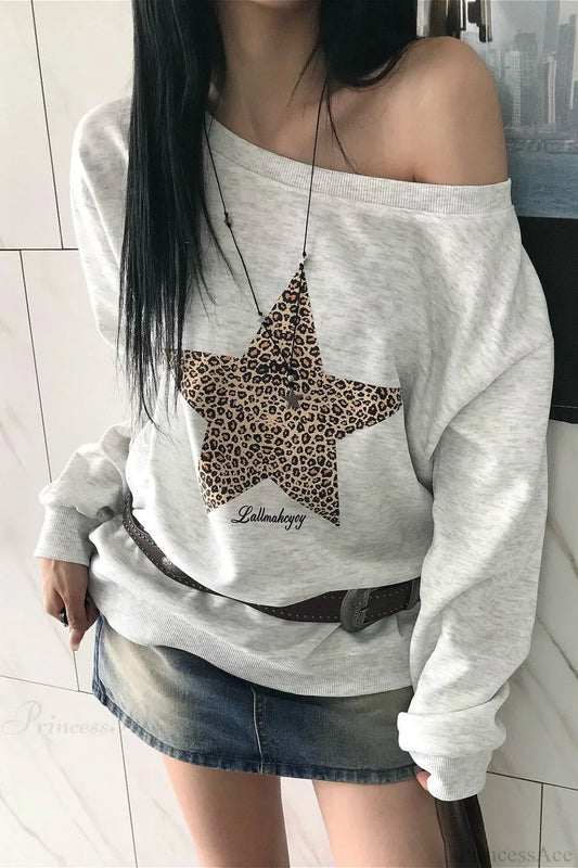 Leopard Print Star Slant Neck Off Shoulder Sweatshirt