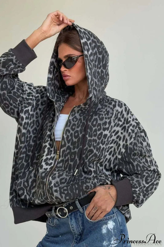 Leopard Print Zip Color-Block Hoodie