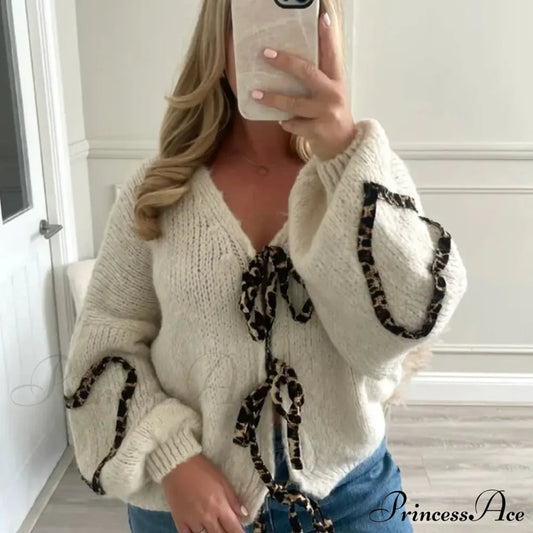 Leopard Ribbon Tie V-neck Cardigan