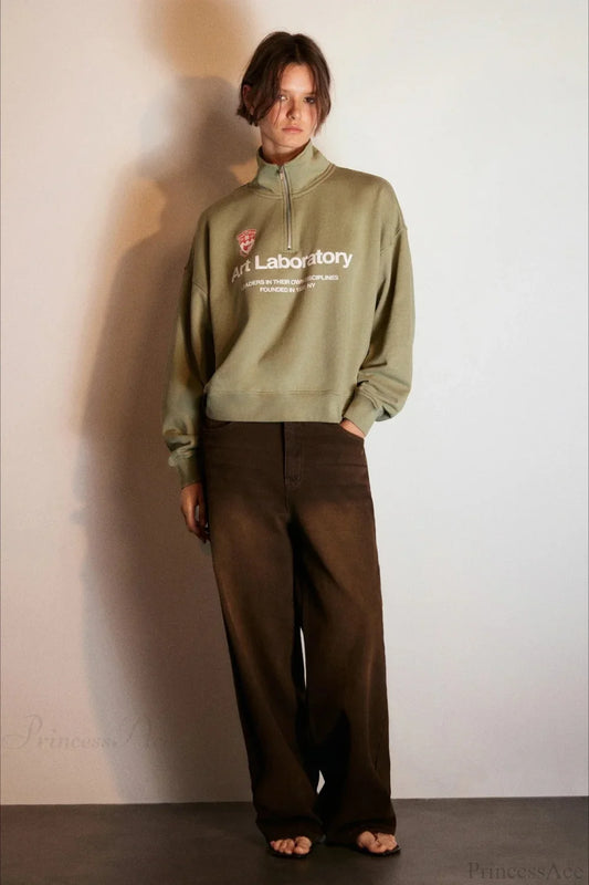 Letter Print Half Zip Stand Collar Loose Sweatshirt