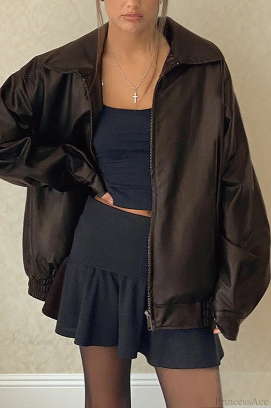 Long Sleeve Basic Loose Zipper Leather Coat
