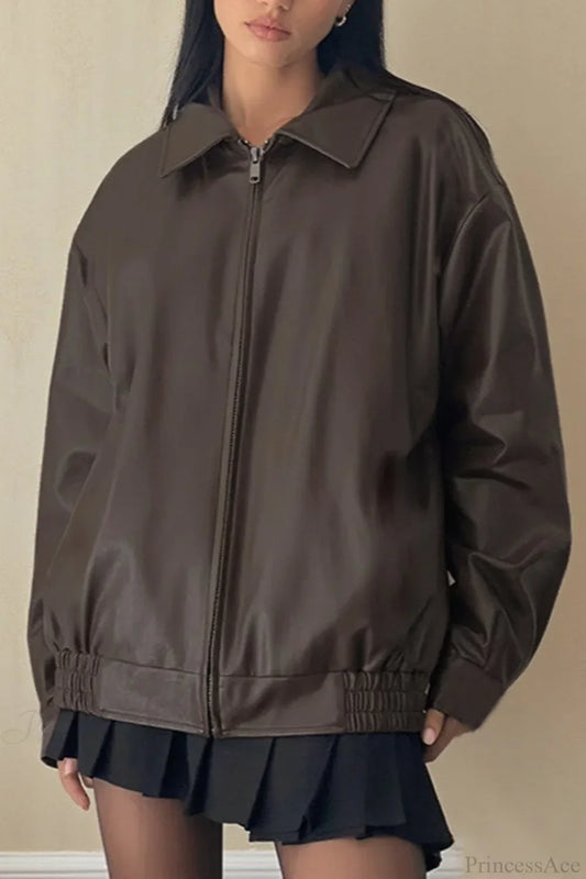 Long Sleeve Basic Loose Zipper Leather Coat