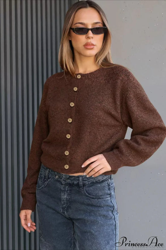 Long Sleeve Button Loose Crew Neck Knit Cardigan