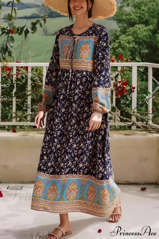 Long Sleeve Tie Neck Ethnic Floral Print Loose Kaftan Maxi Boho Dress