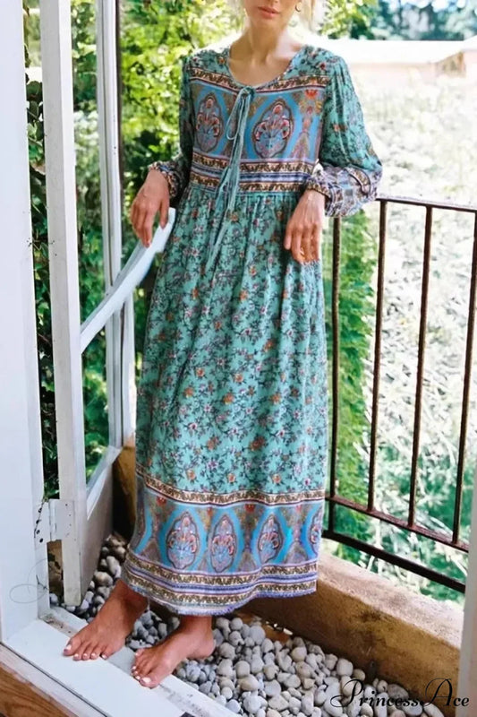 Long Sleeve Tie Neck Green Floral Maxi Rayon Boho Dress