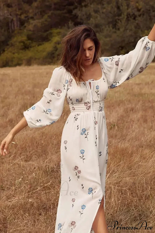 Long-sleeved Stretch Waist Split White Boho Dress