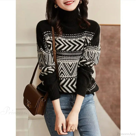 Loose Casual Versatile Fashionable High Neck Red Christmas Sweater Sweaters-L