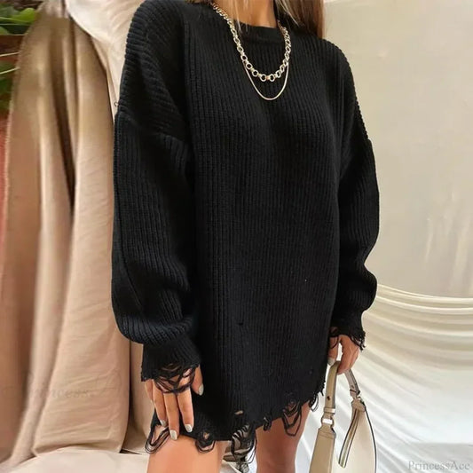 Loose Solid Ripped Round Neck Sweater Black / One Size