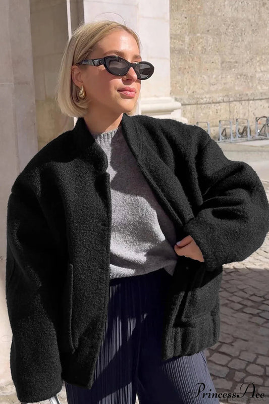 Loose Stand Collar Textured Wool Casual Coat