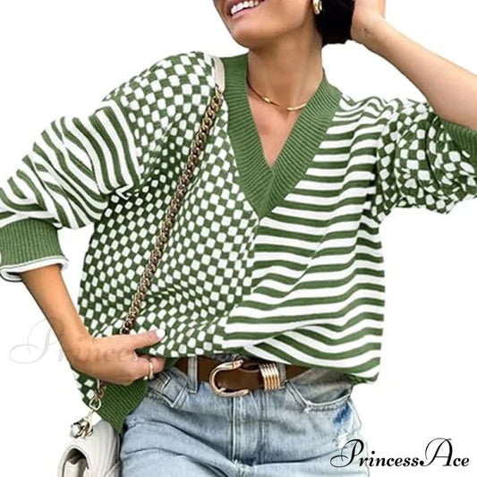 Loose Striped Plaid Casual Long Sleeve Cute Retro Chic Green Christmas Sweater