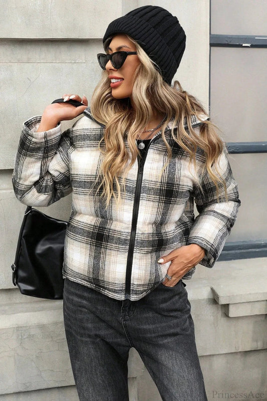 Loose Versatile Plaid Cropped Cotton Coat