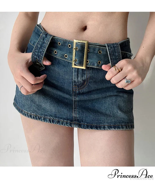 Low-Rise Distressed Blue Denim Skirt