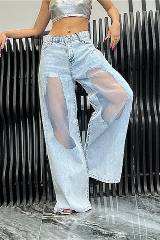 Low Waist Ripped Mesh Panel Wide Leg Jeans