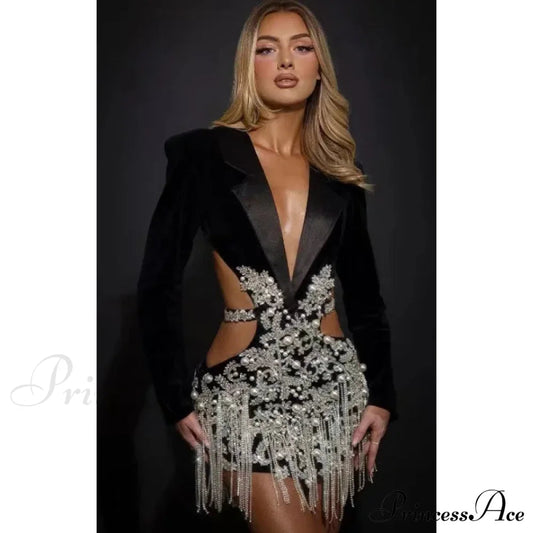 Luxury Diamonds Tassel Sexy Hollow Notched Black Mini Dress Evening Christmas Party Dress