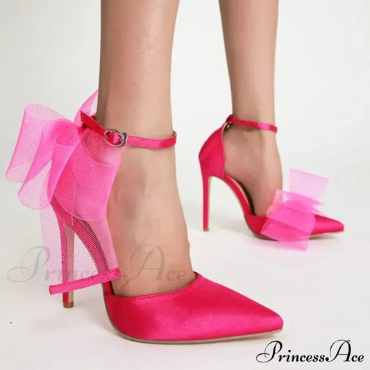 Mesh Butterfly-Knot Pumps PointedBuckle Strap Cover Heel Thin High Heels Sexy Stiletto Wedding High Heel