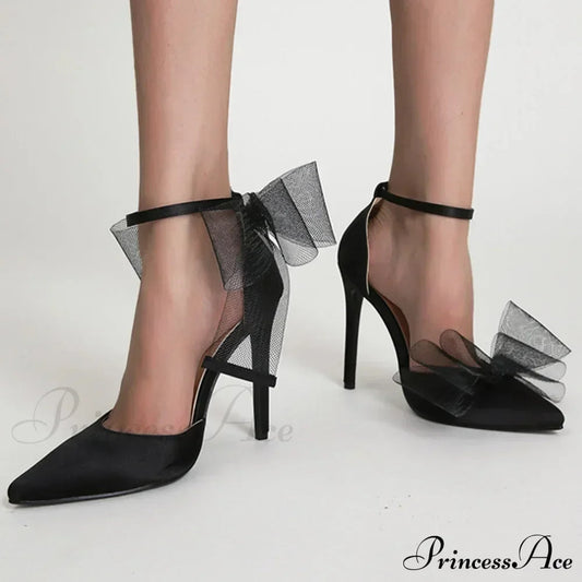 Mesh Butterfly-Knot Pumps PointedBuckle Strap Cover Heel Thin High Heels Sexy Stiletto Wedding High Heel