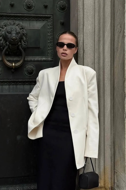 Minimalist White V-Neck Elegant Relaxed Coat