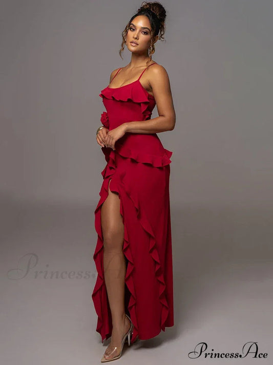 Mozision Elegant Ruffle Sexy Maxi Dress Women Spaghetti Strap Flower Christmas Party Dress