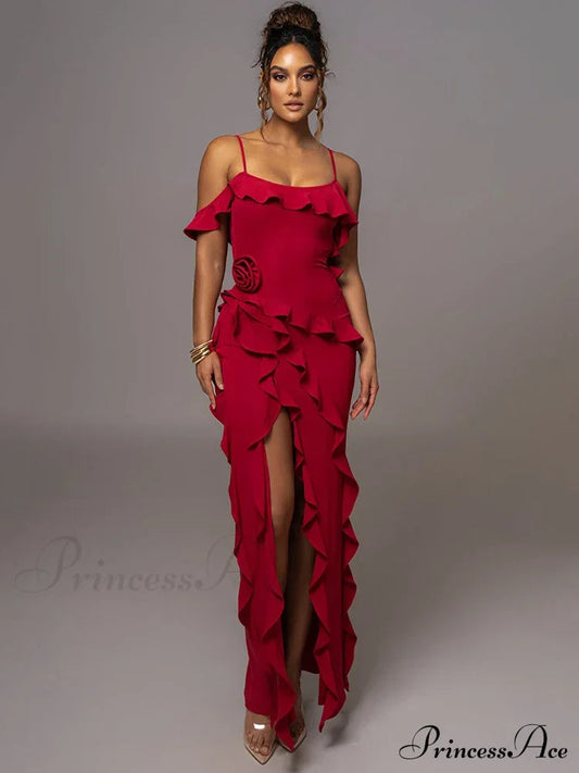 Mozision Elegant Ruffle Sexy Maxi Dress Women Spaghetti Strap Flower Christmas Party Dress