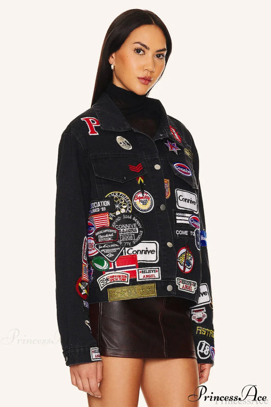 Multi Badge Denim Collared Coat