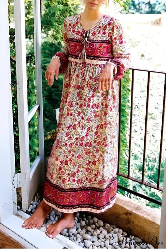 Multi Floral Print Tie Neck Tassel Vintage Bohemian Maxi Dress