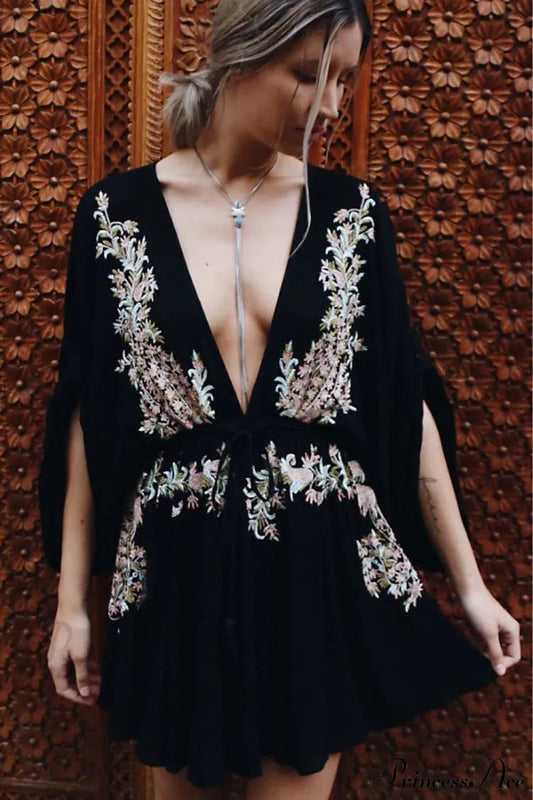 New Floral Embroidery Boho Dress Sexy Beach Dress Deep V-neck Mini Party