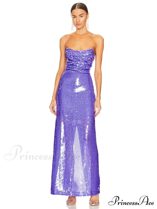 New Sexy Sleeveless Backless Lace-up Slim Long Dress Bright Sequins Christmas Party Dress